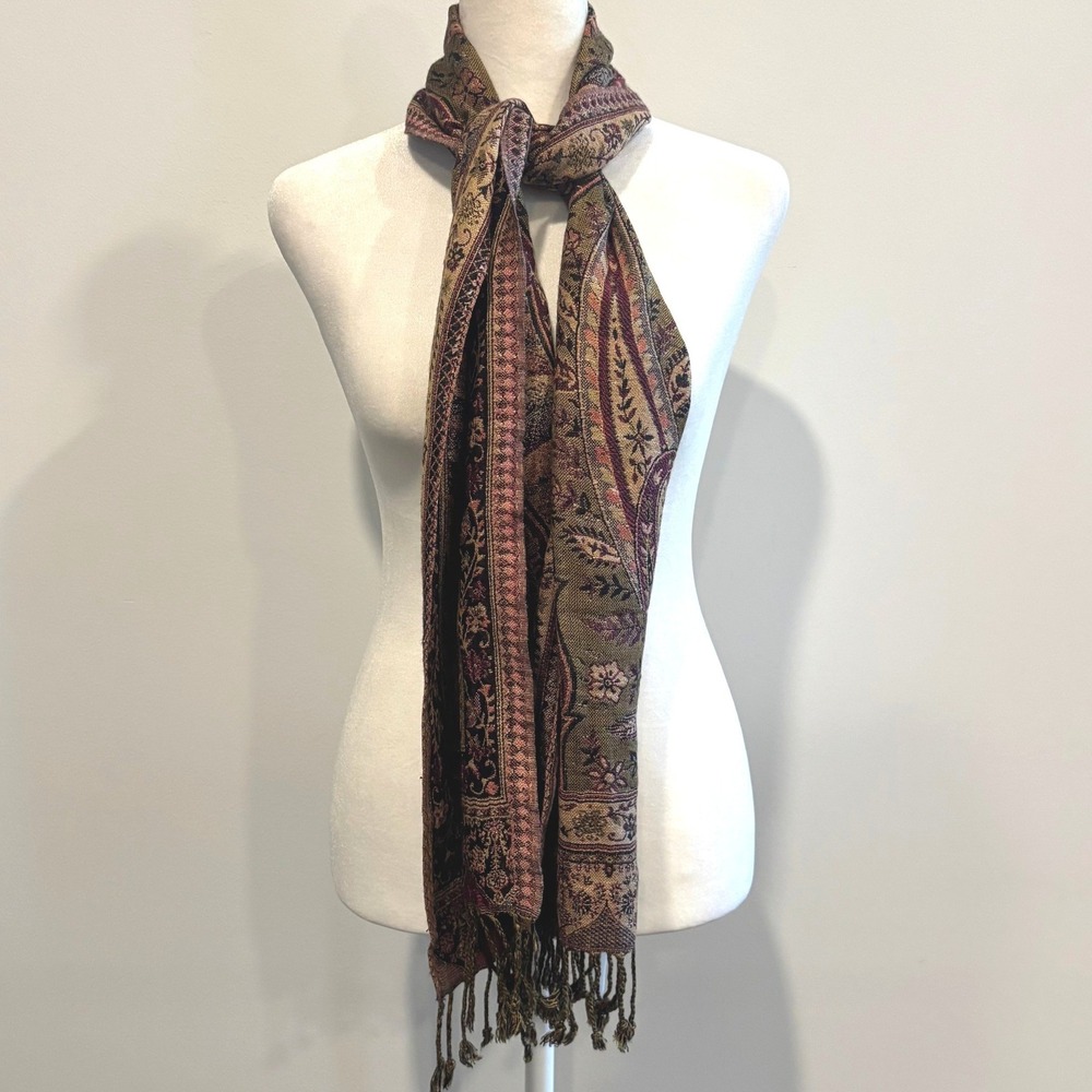 Vtg Tapestry Scarf Shawl Wrap Paisley Floral Tassel Ethereal Cottagecore 21870